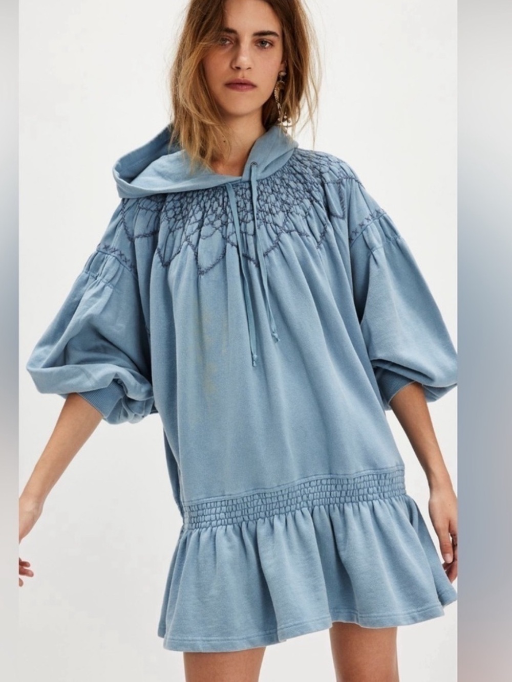 NWT Free People Marty Smocked Hooded Mini Dress Blue Size L